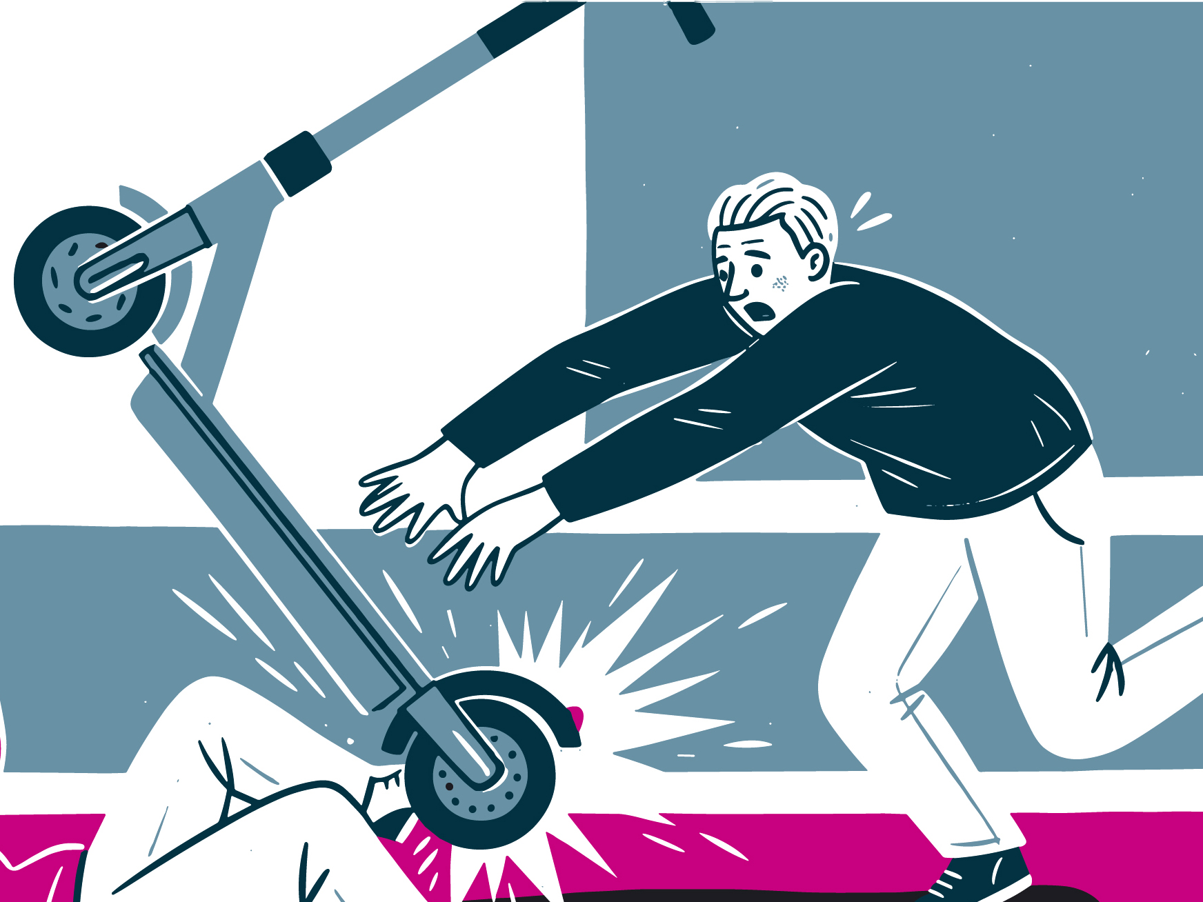 Illustration eines Unfalls mit einem E-Scooter, eine Person liegt am Boden , die andere läuft hin, um Hilfe zu leisten