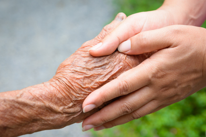Hand eines jungen Menschen hält die Hand eines alten Menschen